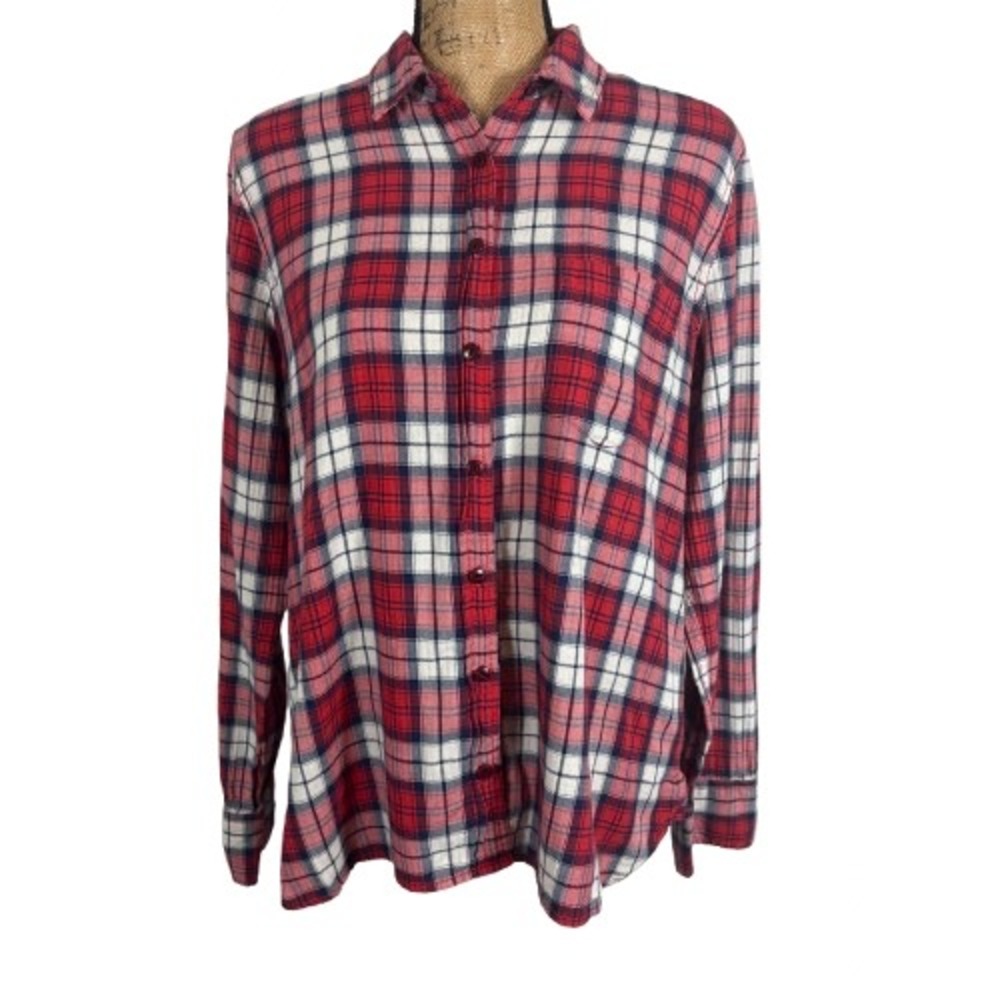 J.Crew Shrunken Boy Shirt Cerise Plaid Red Navy Cotton Flannel Cabincore Size 12